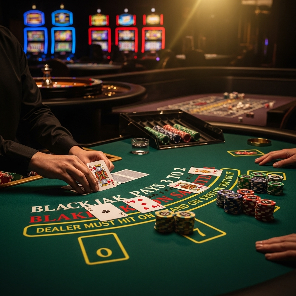  a professional blackjack table layout showing cards and chips