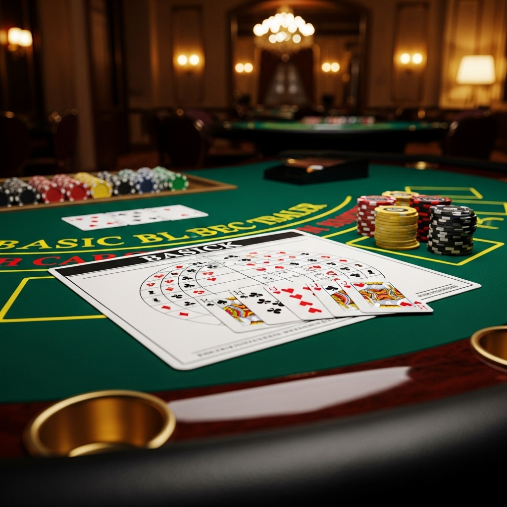  a blackjack basic strategy chart being used at a casino table